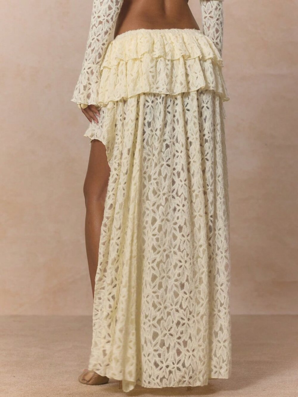 Khaki Cute Women's Lace Tiered Ruffle Asymmetric Split Maxi Floor Length Skirt - Picture 3 of 5